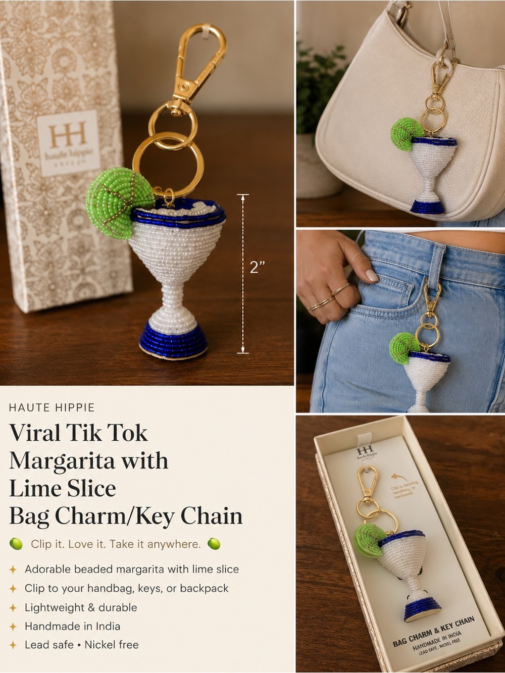 Haute Hippie Beaded Margarita Bag Charm Keychain NWT Coastal Summer